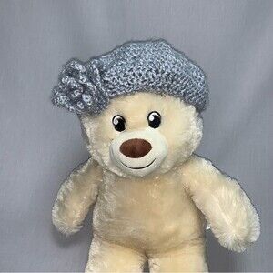 Gray Shimmer Silver Handmade Crochet Knit Beret Hat with Flower Rosette Baby 2-4
